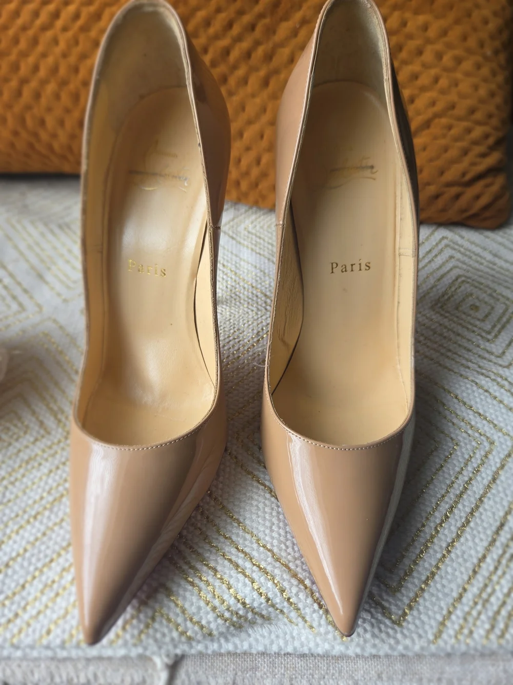 Christian Louboutin Beige Patent Leather Pointed Toe Pumps with Red Soles
